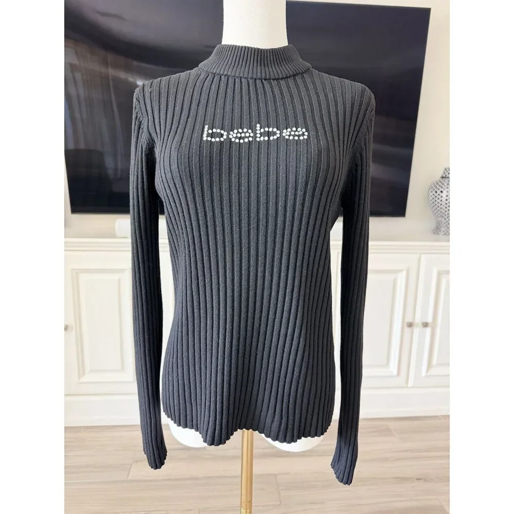 bebe Black Ribbed Mock Neck Sweater Rhinestone Logo Size L - Picture 3 of 6